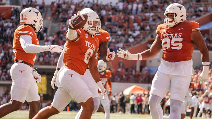 Texas Longhorns linebacker Trey Moore (8) celebrates after intercepting the ball during the Longhorns' game against the Florida Gators, Nov. 9, 2024 at Darrell K. Royal Texas Memorial Stadium in Austin.