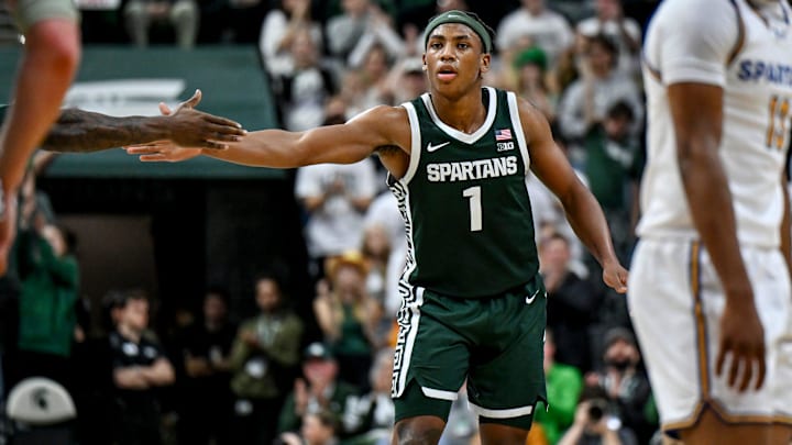 Michigan State's Jeremy Fears Jr. celebrates after his 3-pointer against San Jose State during the second half on Thursday, Nov. 13, 2025, at the Breslin Center in East Lansing.