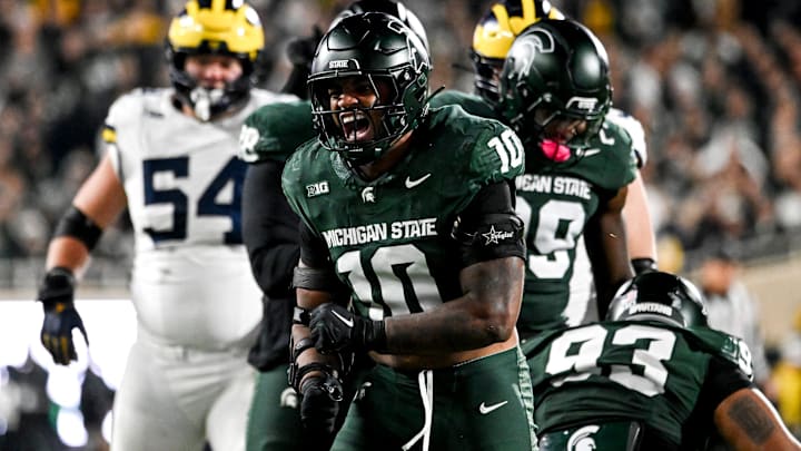 Michigan State's Wayne Matthews III celebrates after a stop against Michigan during the second quarter on Saturday, Oct. 25, 2025, at Spartan Stadium in East Lansing.