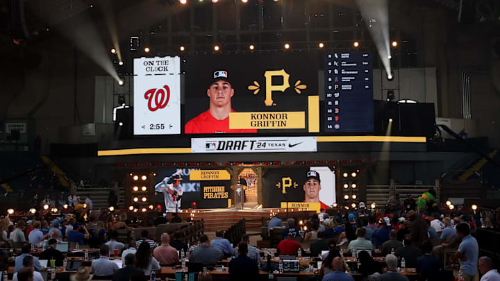 Jul 14, 2024; Ft. Worth, TX, USA; The Pittsburgh Pirates draft Konnor Griffin with the ninth pick during the first round of the MLB Draft at Cowtown Coliseum. Mandatory Credit: Kevin Jairaj-Imagn Images