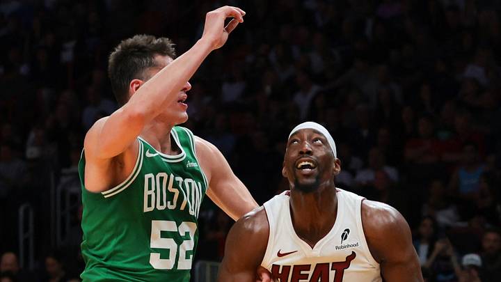 Apr 1, 2026; Miami, Florida, USA; Miami Heat center Bam Adebayo (13) drives to the basket against Boston Celtics center Luka Garza (52) during the second quarter at Kaseya Center. Mandatory Credit: Sam Navarro-Imagn Images Apr 1, 2026; Miami, Florida, USA; Miami Heat center Bam Adebayo (13) drives to the basket against Boston Celtics center Luka Garza (52) during the second quarter at Kaseya Center. Mandatory Credit: Sam Navarro-Imagn Images