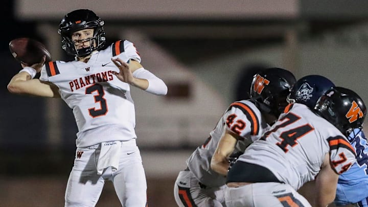 West De Pere High School's Patrick Greisen (3) passes the ball against Bay Port High School on Friday, October 11, 2024, at Bay Port High School in Suamico, Wis. West De Pere won the game, 45-43, on a 49-yard field goal as time expired.
Tork Mason/USA TODAY NETWORK-Wisconsin