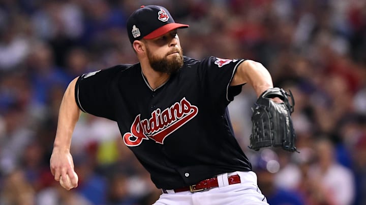 Nov 2, 2016: Cleveland Indians starting pitcher Corey Kluber throws a pitch against the Chicago Cubs in the first inning in game seven of the 2016 World Series at Progressive Field. Nov 2, 2016: Cleveland Indians starting pitcher Corey Kluber throws a pitch against the Chicago Cubs in the first inning in game seven of the 2016 World Series at Progressive Field.
