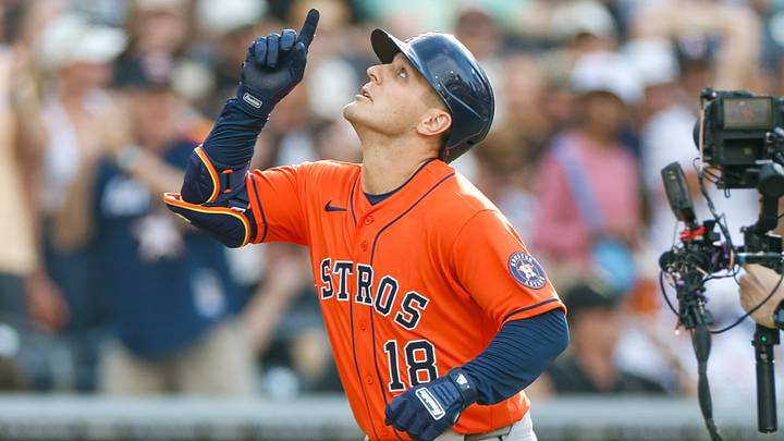 Houston Astros center fielder Daulton Varsho (18) celebrates after hitting a two-run home run. Credit: David Frerker-Imagn Images Houston Astros center fielder Daulton Varsho (18) celebrates after hitting a two-run home run. Credit: David Frerker-Imagn Images