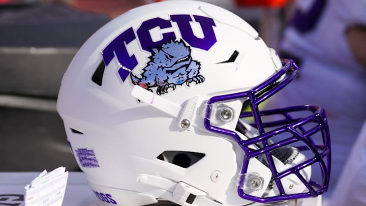 Sep 28, 2024; Kansas City, Missouri, USA; A general view of a TCU Horned Frogs helmet against the Kansas Jayhawks during the second half at GEHA Field at Arrowhead Stadium.
