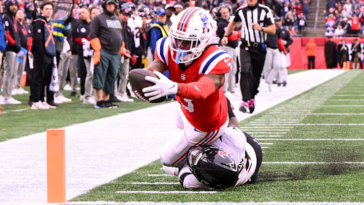 Oct 13, 2024; Foxborough, Massachusetts, USA; New England Patriots wide receiver DeMario Douglas (3) scores a touchdown against the Houston Texans during the second half at Gillette Stadium. Mandatory Credit: Brian Fluharty-Imagn Images