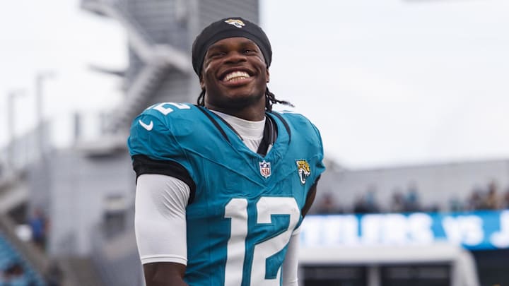 Aug 9, 2025; Jacksonville, Florida, USA; Jacksonville Jaguars wide receiver Travis Hunter (12) before the game against the Pittsburgh Steelers at EverBank Stadium. Mandatory Credit: Morgan Tencza-Imagn Images