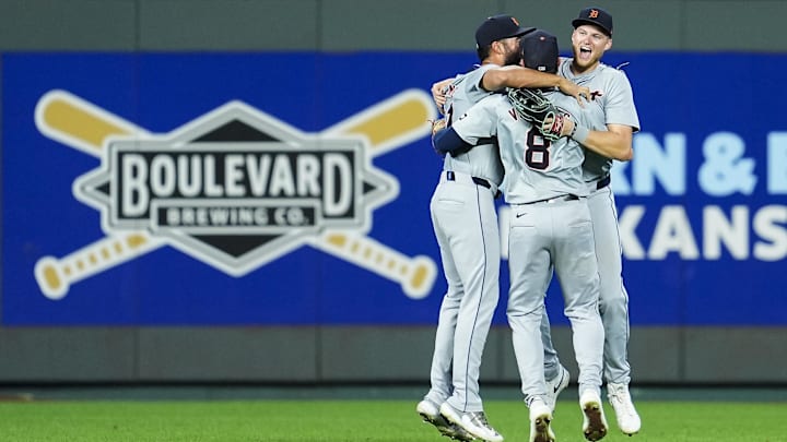 Sep 17, 2024; Kansas City, Missouri, USA; Detroit Tigers left fielder Riley Greene (31) and right fielder Matt Vierling (8) and Detroit Tigers center fielder Parker Meadows (22) celebrate after defeating the Kansas City Royals at Kauffman Stadium. Sep 17, 2024; Kansas City, Missouri, USA; Detroit Tigers left fielder Riley Greene (31) and right fielder Matt Vierling (8) and Detroit Tigers center fielder Parker Meadows (22) celebrate after defeating the Kansas City Royals at Kauffman Stadium.