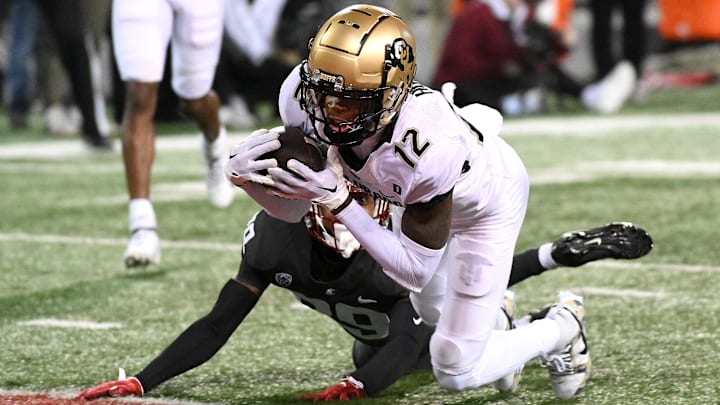 Nov 17, 2023; Pullman, Washington, USA; Colorado Buffaloes wide receiver Travis Hunter (12) dives in