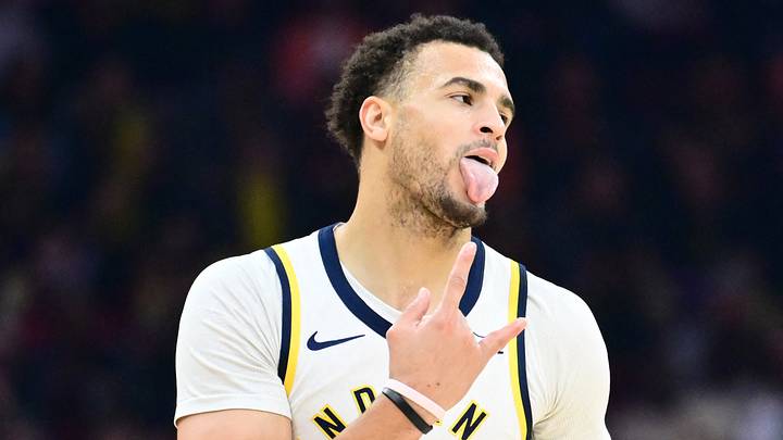 Apr 5, 2026; Cleveland, Ohio, USA; Indiana Pacers forward Jalen Slawson (18) celebrates after hitting a three point basket against the Cleveland Cavaliers during the first half at Rocket Arena. Mandatory Credit: Ken Blaze-Imagn Images