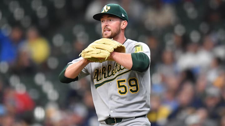 Apr 20, 2025; Milwaukee, Wisconsin, USA; Athletics starting pitcher Jeffrey Springs (59) reacts during the first inning against the Milwaukee Brewers at American Family Field. Mandatory Credit: Patrick Gorski-Imagn Images Apr 20, 2025; Milwaukee, Wisconsin, USA; Athletics starting pitcher Jeffrey Springs (59) reacts during the first inning against the Milwaukee Brewers at American Family Field. Mandatory Credit: Patrick Gorski-Imagn Images