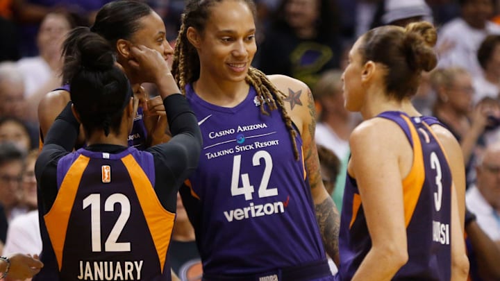 Mercury's Brittany Griner (42) laughs with her teammates during the first half against the Liberty at Talking Stick Resort Arena in Phoenix, Ariz. on Aug. 19, 2018.
865709002 Mercury's Brittany Griner (42) laughs with her teammates during the first half against the Liberty at Talking Stick Resort Arena in Phoenix, Ariz. on Aug. 19, 2018.
865709002
