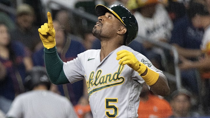 Sep 12, 2023; Houston, Texas, USA; Oakland Athletics left fielder Tony Kemp (5) reacts while rounding the bases after hitting a home run against the Houston Astros in the fifth inning at Minute Maid Park. Mandatory Credit: Thomas Shea-Imagn Images