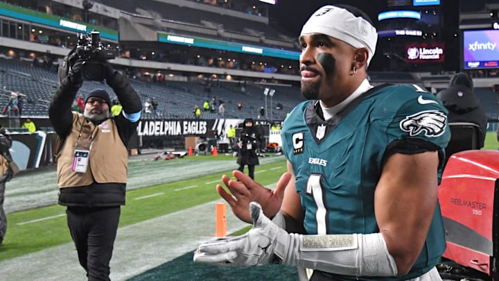  Philadelphia Eagles quarterback Jalen Hurts (1) runs off the field after winning against the Pittsburgh Steelers.