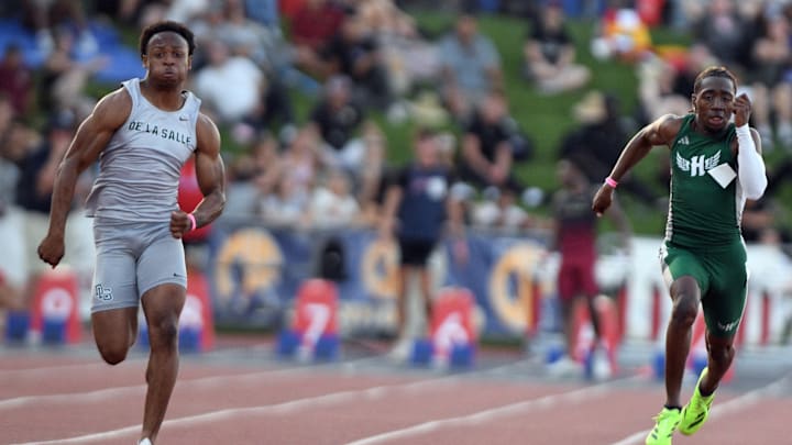 De La Salle junior Jaden Jefferson (left) on his way to a California (CIF) state 100-meters record in 10.01 seconds at Friday's 2025 state-meet trials in Clovis.