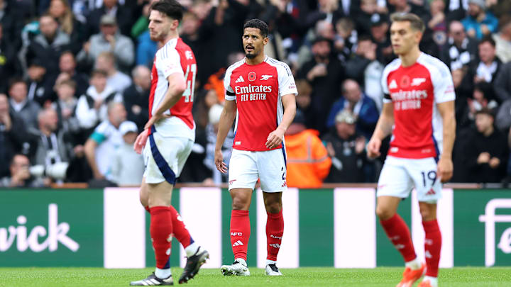 Declan Rice, William Saliba and Leandro Trossard look on after Newcastle's goal Declan Rice, William Saliba and Leandro Trossard look on after Newcastle's goal
