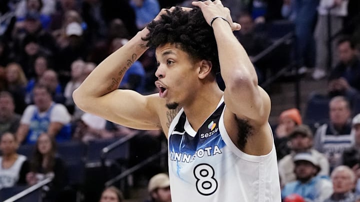 Jan 27, 2025; Minneapolis, Minnesota, USA; Minnesota Timberwolves forward Josh Minott (8) reacts to a foul call for the Atlanta Hawks in the second quarter at Target Center.