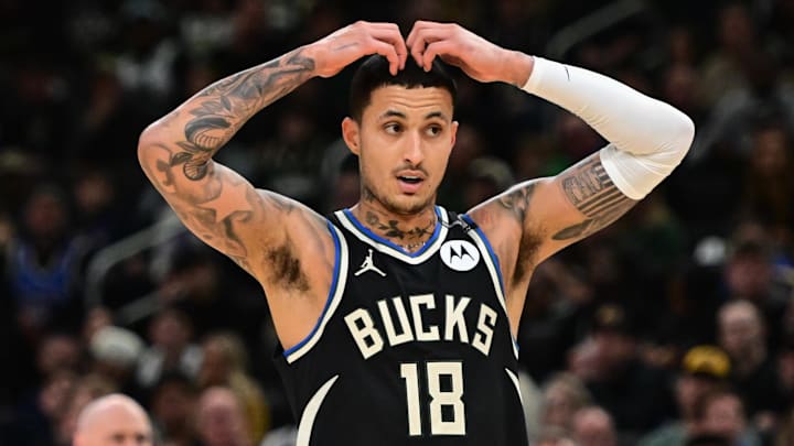 Apr 27, 2025; Milwaukee, Wisconsin, USA; Milwaukee Bucks forward Kyle Kuzma (18) reacts in the third quarter against the Indiana Pacers during game four of first round for the 2024 NBA Playoffs at Fiserv Forum. Mandatory Credit: Benny Sieu-Imagn Images