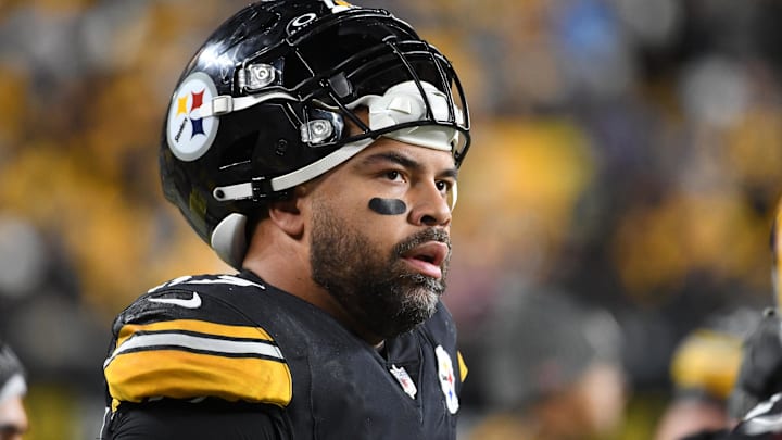 Nov 2, 2023; Pittsburgh, Pennsylvania, USA; Pittsburgh Steelers defensive end Cam Heyward watches the game against the Tennessee Titans during the second quarter at Acrisure Stadium. Mandatory Credit: Philip G. Pavely-Imagn Images