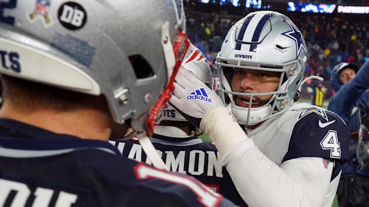 Nov 24, 2019; Foxborough, MA, USA; Dallas Cowboys quarterback Dak Prescott (4) greets New England