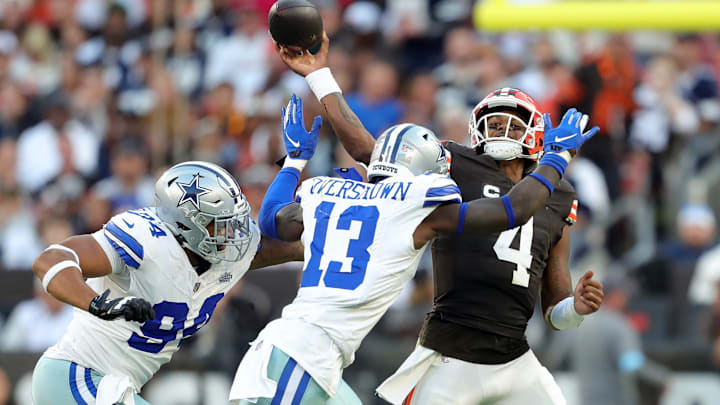 Dallas Cowboys linebacker DeMarvion Overshown pressures Cleveland Browns quarterback Deshaun Watson. Dallas Cowboys linebacker DeMarvion Overshown pressures Cleveland Browns quarterback Deshaun Watson.