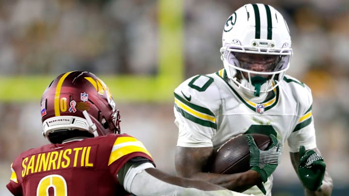 Green Bay Packers wide receiver Matthew Golden (0) against the Washington Commanders cornerback Mike Sainristil (0) on Thursday, September 11, 2025, at Lambeau Field in Green Bay, Wis. The Packers defeated the Commanders 27-18.
Wm. Glasheen USA TODAY NETWORK-Wisconsin