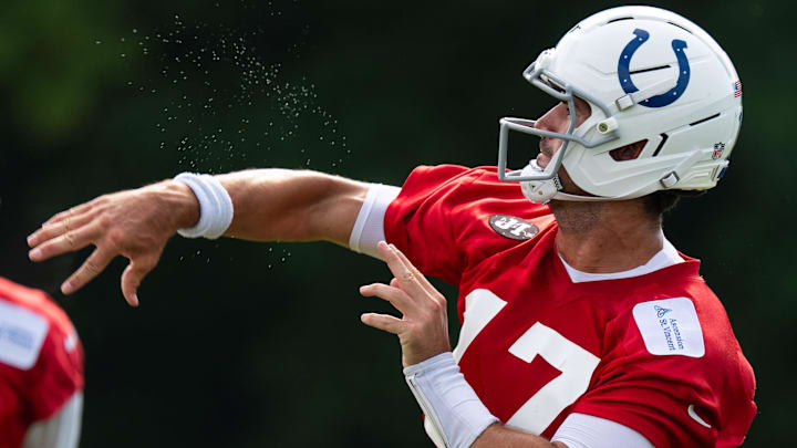 Indianapolis Colts quarterbacks Daniel Jones (17) passes Friday, July 25, 2025, during training camp held at Grand Park in Westfield. Indianapolis Colts quarterbacks Daniel Jones (17) passes Friday, July 25, 2025, during training camp held at Grand Park in Westfield.