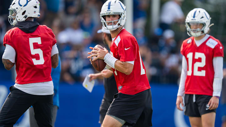 Indianapolis Colts quarterback Daniel Jones (17) looks to pass Friday, July 25, 2025, during training camp held at Grand Park in Westfield.