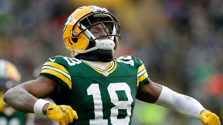 Green Bay Packers wide receiver Malik Heath (18) against the Chicago Bears. Green Bay Packers wide receiver Malik Heath (18) against the Chicago Bears.
