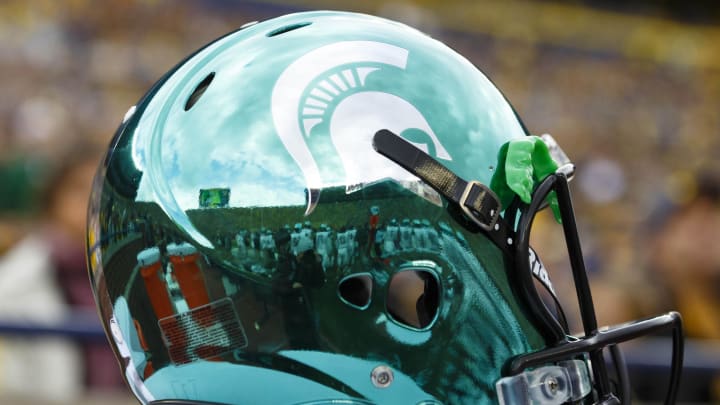 October 20, 2012; Ann Arbor, MI, USA; Michigan State Spartans helmet on the sideline in the first quarter against the Michigan Wolverines at Michigan Stadium. Mandatory Credit: Rick Osentoski-USA TODAY Sports