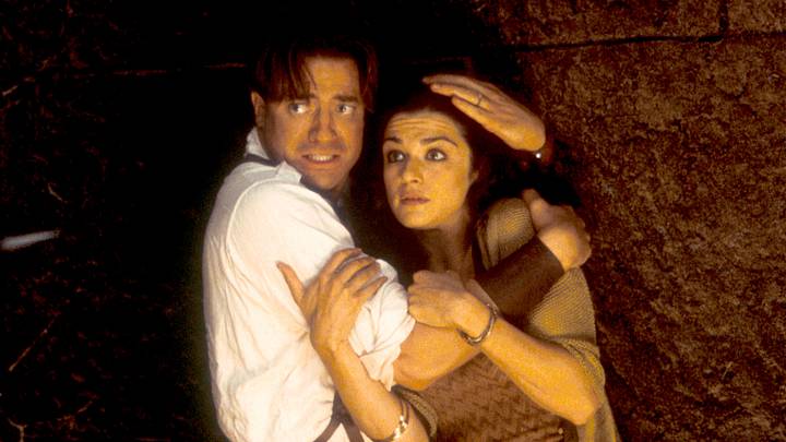 Rick (played by Brendan Fraser, left) and Evelyn O''Connell (played by Rachel Weisz) brace themselves for trouble in "The Mummy Returns."