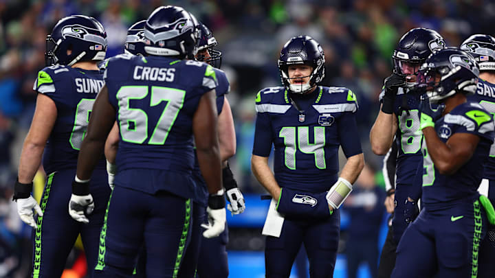 Jan 17, 2026; Seattle, WA, USA; Seattle Seahawks quarterback Sam Darnold (14) in the huddle against the San Francisco 49ers during the first half in an NFC Divisional Round game at Lumen Field. Jan 17, 2026; Seattle, WA, USA; Seattle Seahawks quarterback Sam Darnold (14) in the huddle against the San Francisco 49ers during the first half in an NFC Divisional Round game at Lumen Field.