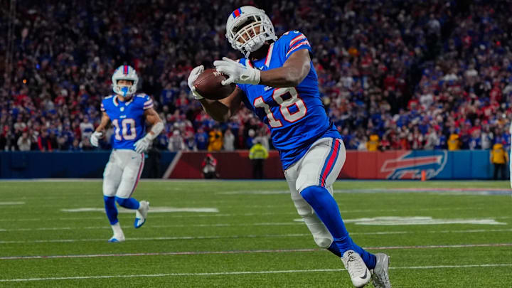 Nov 17, 2024; Orchard Park, New York, USA; Buffalo Bills wide receiver Amari Cooper (18) makes a catch against the Kansas City Chiefs during the first half at Highmark Stadium.