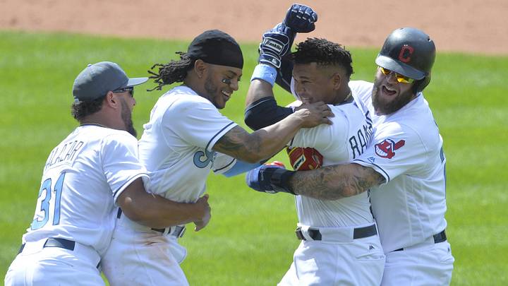 Jun 19, 2016: Cleveland Indians left fielder Jose Ramirez (11) celebrates with teammates after hitting the game-winning, RBI single in the tenth inning against the Chicago White Sox at Progressive Field. Jun 19, 2016: Cleveland Indians left fielder Jose Ramirez (11) celebrates with teammates after hitting the game-winning, RBI single in the tenth inning against the Chicago White Sox at Progressive Field.