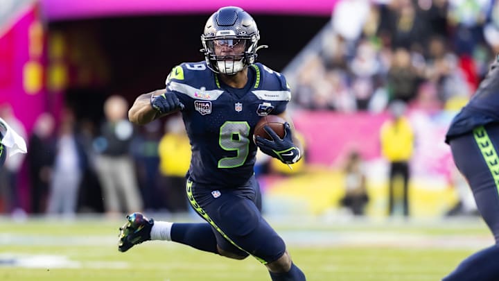 Feb 8, 2026; Santa Clara, CA, USA; Seattle Seahawks running back Kenneth Walker III (9) against the New England Patriots during Super Bowl LX at Levi's Stadium. Mandatory Credit: Mark J. Rebilas-Imagn Images