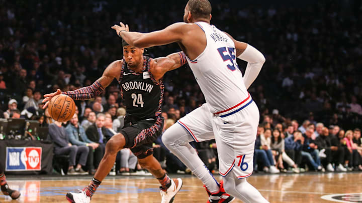 Apr 18, 2019; Brooklyn, NY, USA; Brooklyn Nets forward Rondae Hollis-Jefferson (24) in game three of the first round of the 2019 NBA Playoffs at Barclays Center. Mandatory Credit: Wendell Cruz-Imagn Images