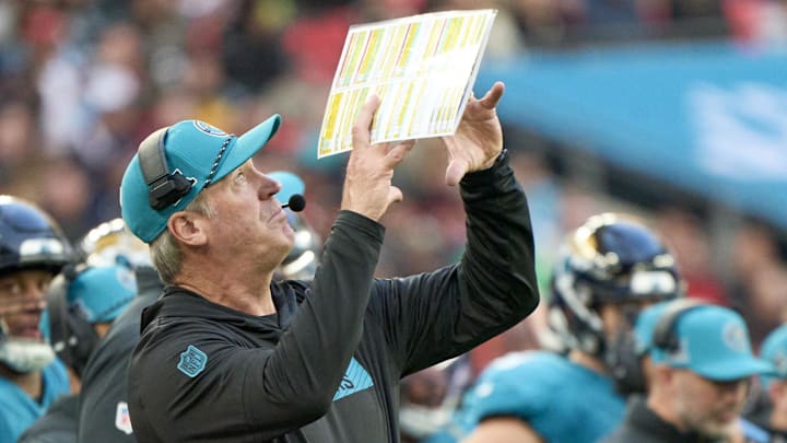 Oct 20, 2024; London, United Kingdom; Jacksonville Jaguars coach Doug Peterson in the second half during an NFL International Series game at Wembley Stadium. Mandatory Credit: Peter van den Berg-Imagn Images