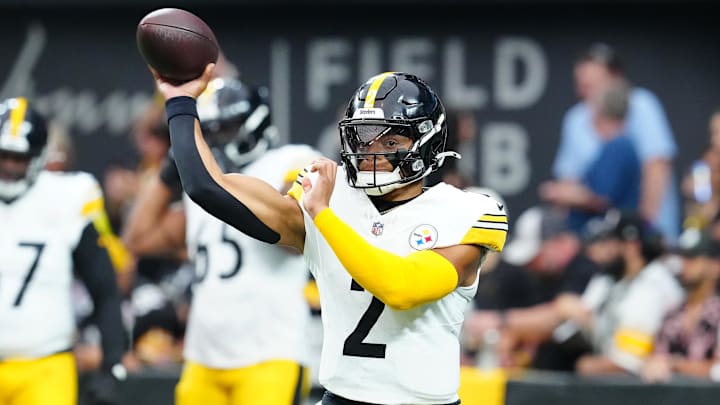 Oct 13, 2024; Paradise, Nevada, USA; Pittsburgh Steelers quarterback Justin Fields (2) warms up before a game against the Las Vegas Raiders at Allegiant Stadium. Mandatory Credit: Stephen R. Sylvanie-Imagn Images