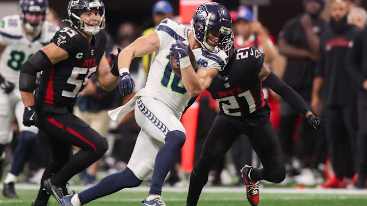 Seattle Seahawks wide receiver Cooper Kupp (10) runs after a catch against the Atlanta Falcons.