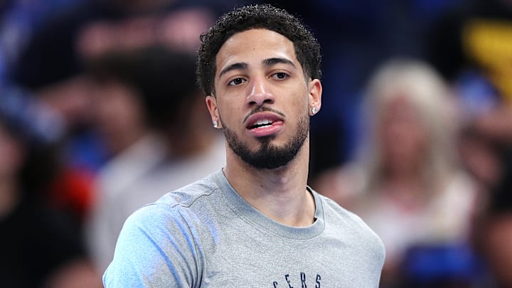 Indiana Pacers guard Tyrese Haliburton (0) before an NBA Finals game against the Oklahoma City Thunder.