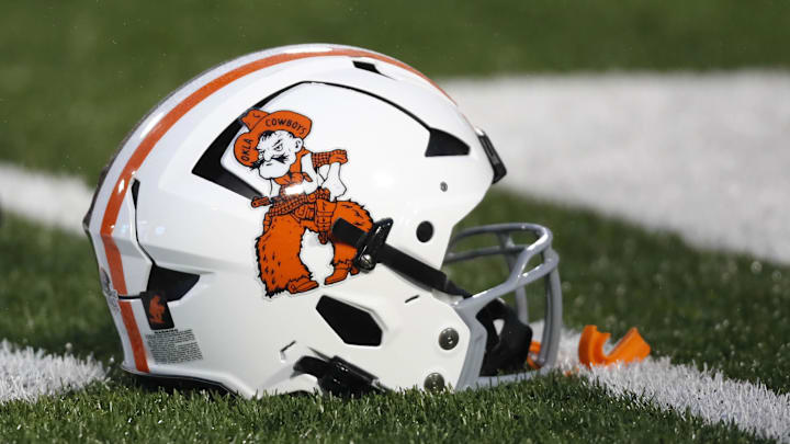 Oct 28, 2023; Stillwater, Oklahoma, USA; An Oklahoma State helmet is seen before a game between the Oklahoma State Cowboys and the Cincinnati Bearcats at Boone Pickens Stadium. Mandatory Credit: Bryan Terry-Imagn Images