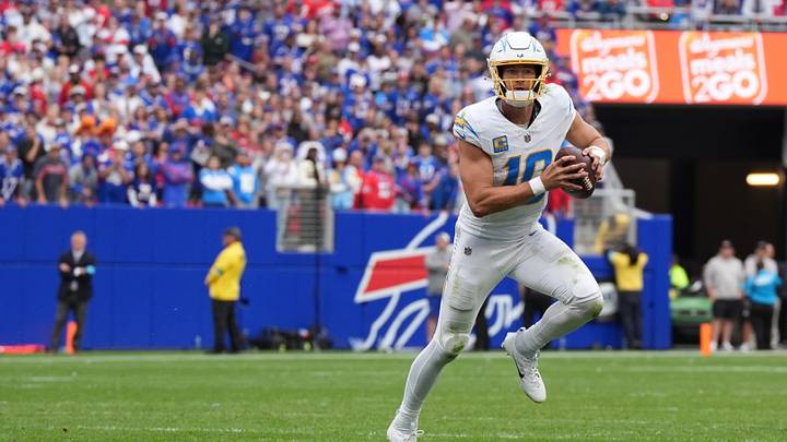 Sep 27, 2026; Orchard Park, New York, USA;  Los Angeles Chargers quarterback Justin Herbert (10) looks to throw in the second half against the Buffalo Bills at New Highmark Stadium.  Mandatory Credit: Gregory Fisher-Imagn Images