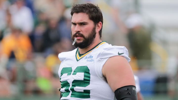 Guard Lucas Patrick (62) during Green Bay Packers training camp at Ray Nitschke Field Friday, July 26, 2019, in Green Bay, Wis.
