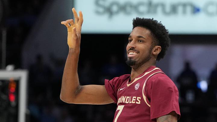 Mar 12, 2026; Charlotte, NC, USA; Florida State Seminoles forward Chauncey Wiggins (7) reacts after scoring in the first half at Spectrum Center. Mandatory Credit: Bob Donnan-Imagn Images Mar 12, 2026; Charlotte, NC, USA; Florida State Seminoles forward Chauncey Wiggins (7) reacts after scoring in the first half at Spectrum Center. Mandatory Credit: Bob Donnan-Imagn Images