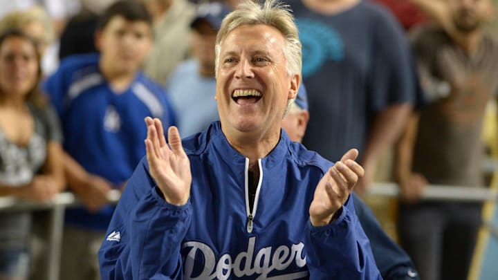 Sep 3, 2012; Los Angeles, CA, USA: Los Angeles Dodgers owner Mark Walter celebrates after the Dodgers' 4-3 victory over the San Diego Padres in 11 innings at Dodger Stadium. Mandatory Credit: Kirby Lee/Image of Sport-Imagn Images