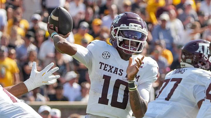 Oct 10, 2026; Columbia, Missouri, USA; Texas A&M Aggies quarterback Marcel Reed (10) throws a pass against the Missouri Tigers during the second half of the game at Faurot Field at Memorial Stadium. Mandatory Credit: Denny Medley-Imagn Images Oct 10, 2026; Columbia, Missouri, USA; Texas A&M Aggies quarterback Marcel Reed (10) throws a pass against the Missouri Tigers during the second half of the game at Faurot Field at Memorial Stadium. Mandatory Credit: Denny Medley-Imagn Images