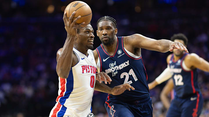 Apr 9, 2024; Philadelphia, Pennsylvania, USA; Detroit Pistons center Jalen Duren (0) drives for a shot against Philadelphia 76ers center Joel Embiid (21) during the third quarter at Wells Fargo Center. Mandatory Credit: Bill Streicher-Imagn Images Apr 9, 2024; Philadelphia, Pennsylvania, USA; Detroit Pistons center Jalen Duren (0) drives for a shot against Philadelphia 76ers center Joel Embiid (21) during the third quarter at Wells Fargo Center. Mandatory Credit: Bill Streicher-Imagn Images