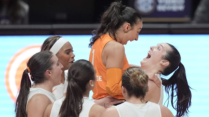 Tennessee’s Gulce Guctekin (1) celebrates with teammate Hayden Kubik (33) during a volleyball match between Tennessee and Georgia, in Food City Center, September 24, 2025. Tennessee swept Georgia to open SEC play.
