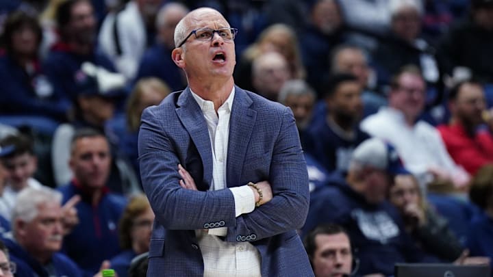 Dec 5, 2025; Storrs, Connecticut, USA; UConn Huskies head coach Dan Hurley watches from the sideline as they take on East Texas A&M at Harry A. Gampel Pavilion. Mandatory Credit: David Butler II-Imagn Images