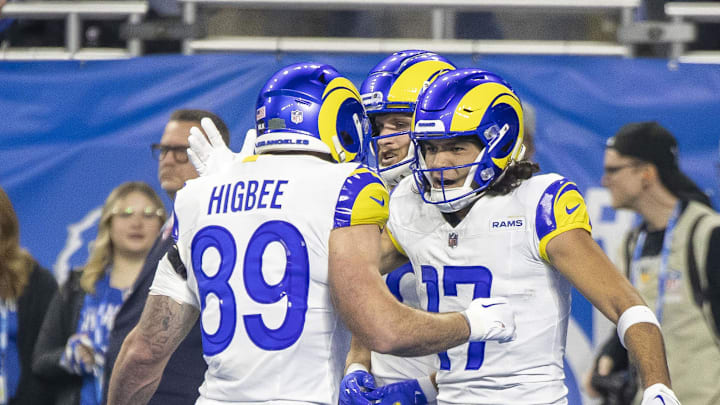 Jan 14, 2024; Detroit, Michigan, USA; Los Angeles Rams wide receiver Puka Nacua (17) celebrates with tight end Tyler Higbee (89) after scoring a touchdown during the first half of a 2024 NFC wild card game against the Detroit Lions at Ford Field. Mandatory Credit: David Reginek-Imagn Images Jan 14, 2024; Detroit, Michigan, USA; Los Angeles Rams wide receiver Puka Nacua (17) celebrates with tight end Tyler Higbee (89) after scoring a touchdown during the first half of a 2024 NFC wild card game against the Detroit Lions at Ford Field. Mandatory Credit: David Reginek-Imagn Images